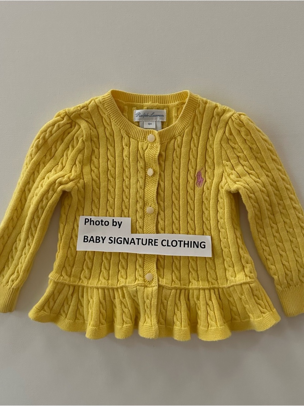 Ralph Lauren 18 Months Baby Girl Yellow Cable Knit Peplum Cardigan Sweater